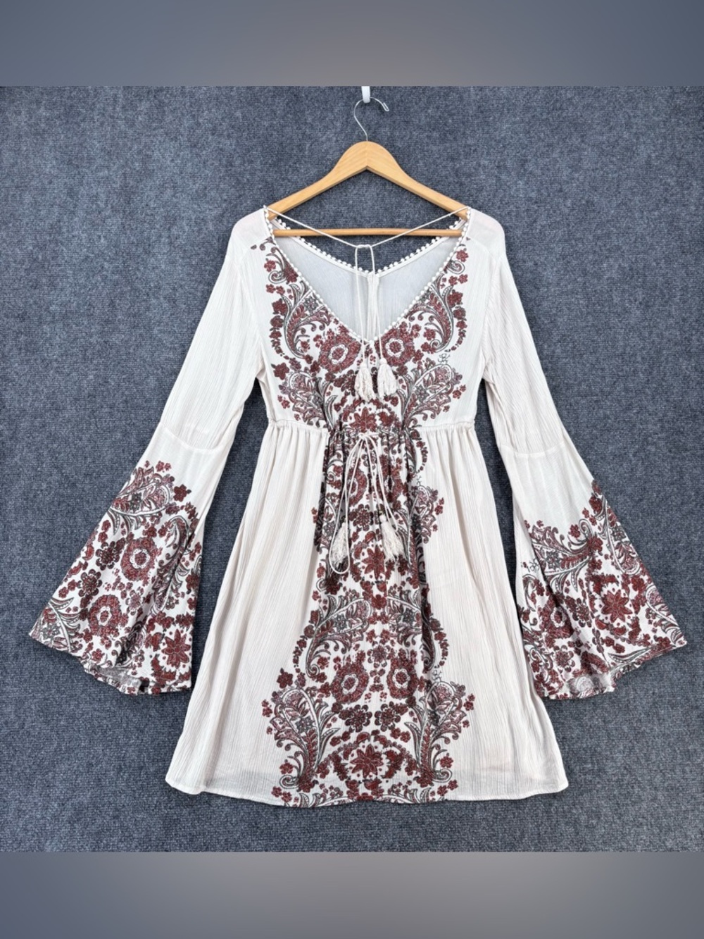 Off White & Brown Floral Long Flare Sleeve Boho Mini Dress V Neck Women’s M